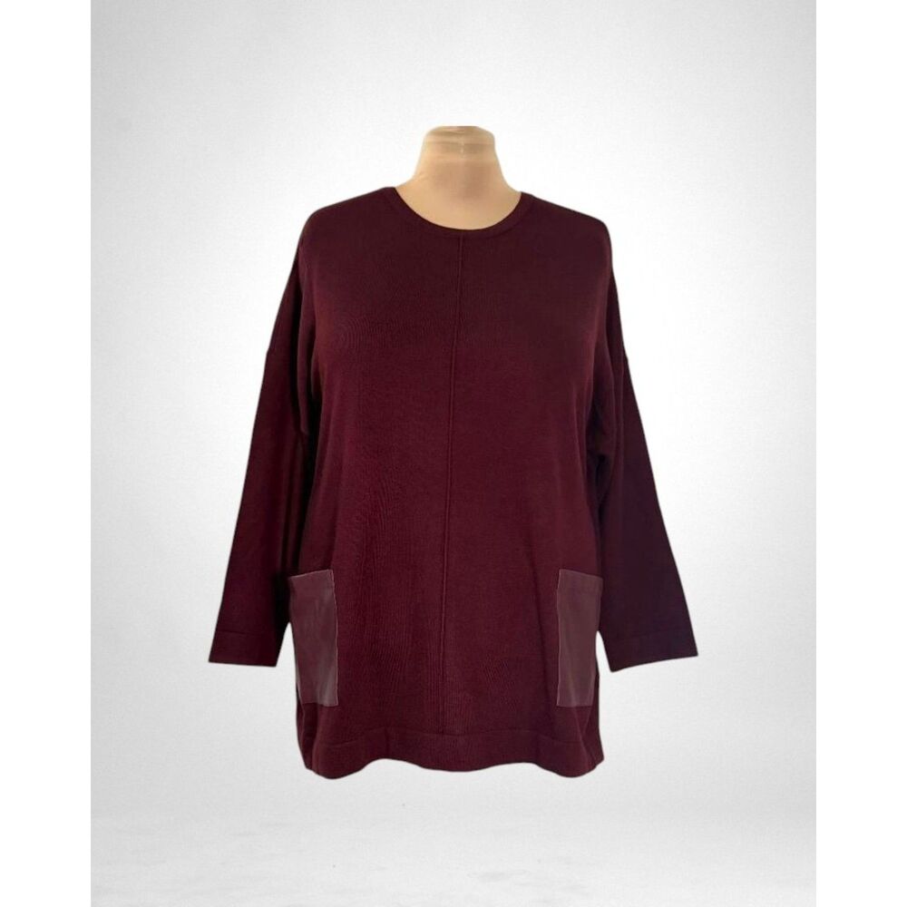T Tahari Burgundy Faux Leather Pocket Sweater Tunic Top, NWT! Size 2X